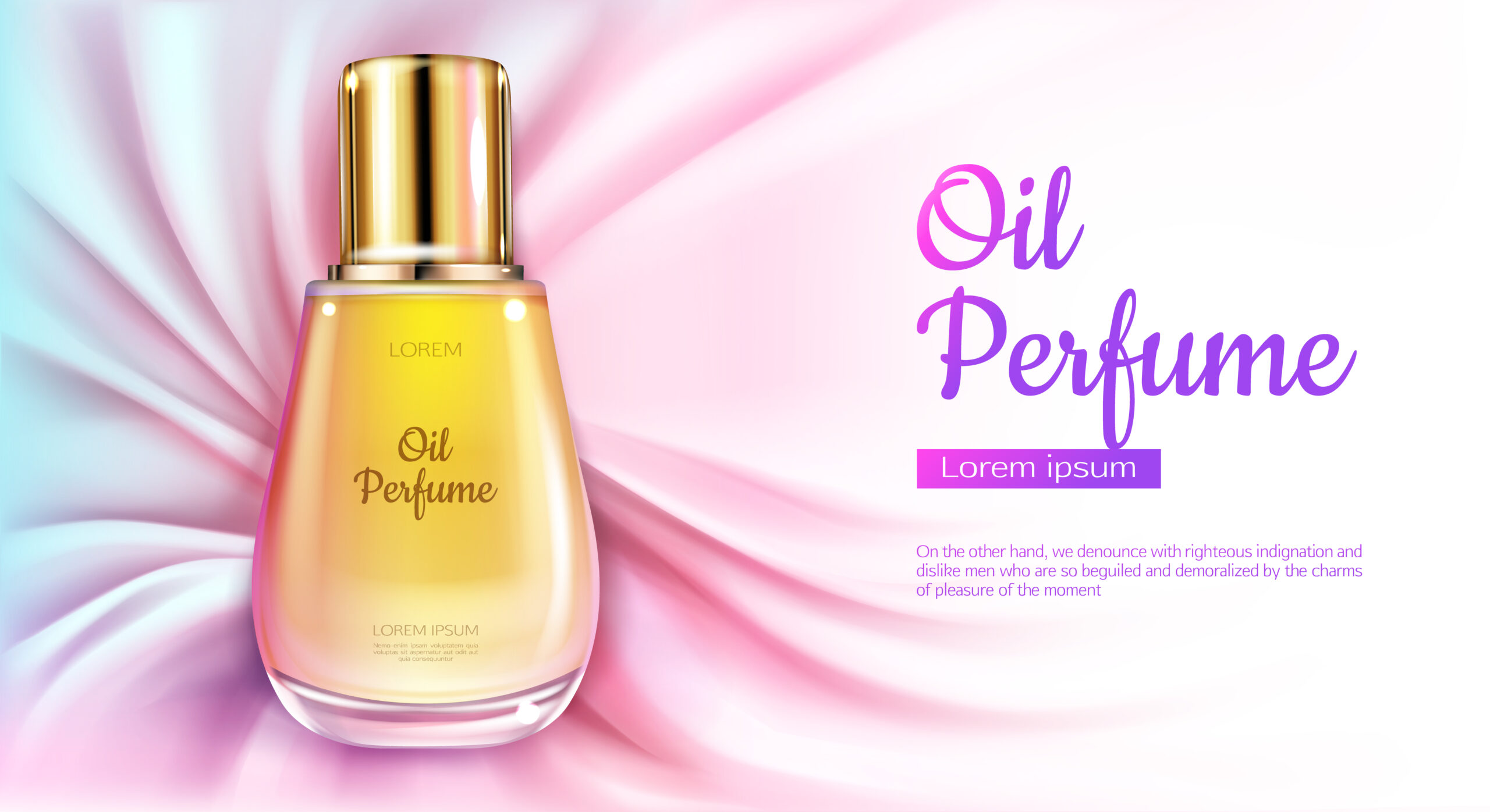 Oil perfume glass bottle with yellow liquid on pink silk draped fabric background. Packaging design mock up. Women fragrance cosmetic product, promo poster ad. Realistic 3d vector illustration, banner